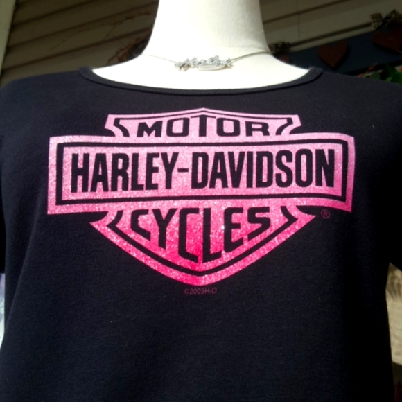 HARLEY-DAVIDSON ♡ Gorgeous Black|Pink Bar 'n Shield Thick Short Sleeve H-D Top M - Picture 11 of 16